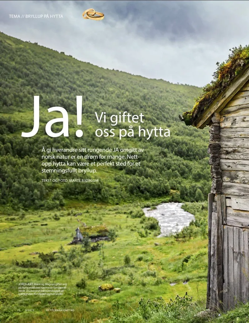 Oppslag fra reportasjen Bryllup på hytta i Aftenpostens Hyttemagasinet
